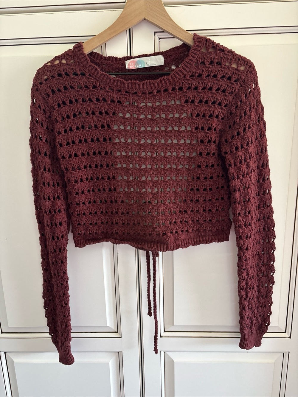Free People Beach Crochet‎ Knit Crop Sweater Travel Boho Burgundy Women’s Small